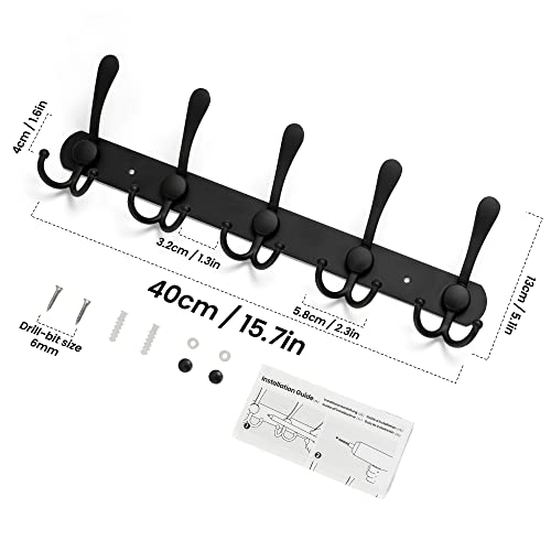 Damita Coat Rack Wall Mount - 5 Tri Hooks, Heavy Duty Modern Wall Coat Hooks for Bathroom, Mudroom, Entryway, Kitchen, 304 Stainless Steel Coat Hanger Wall Mount (1 Pack, Black)