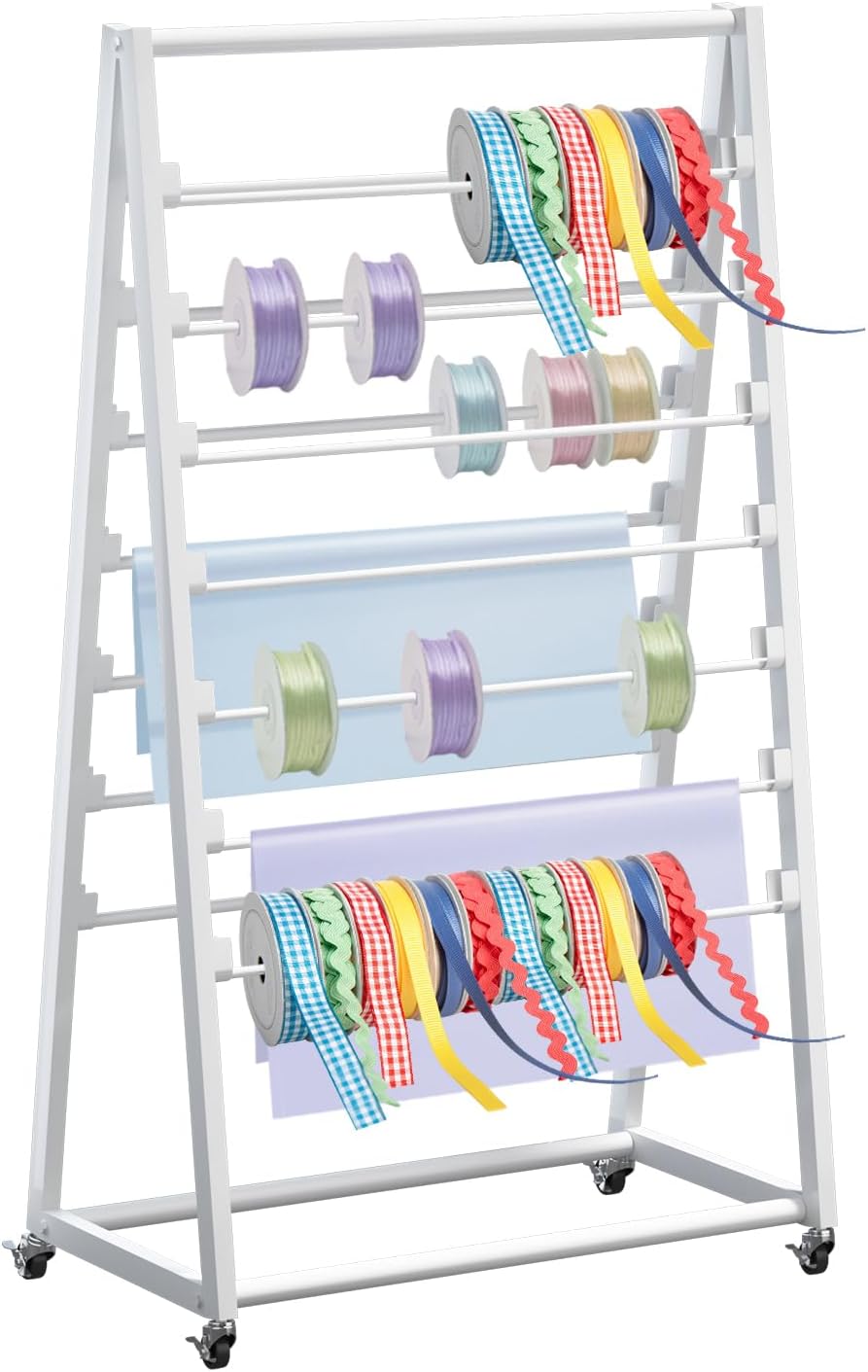 ikare Ribbon Holder,Ribbon Organizer,15 Tier Ribbon Holder Organizer Rack,Double-Sided Gift Wrapping Craft Ribbon Storage Shelf for Craft Room Cake Shop Flower Store,White
