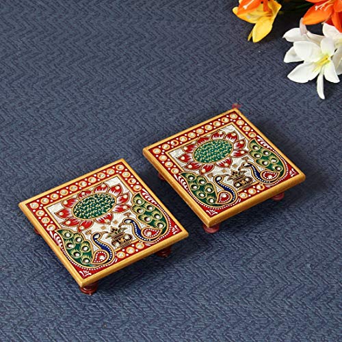 Marble Puja Chowki Pair with Intricate Floral Painting Used to Keep Pooja Items
