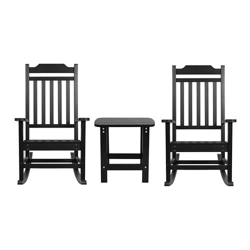 EMMA + OLIVER Set of 2 Indoor/Outdoor Poly Resin Rocking Chairs with Side Table in Black