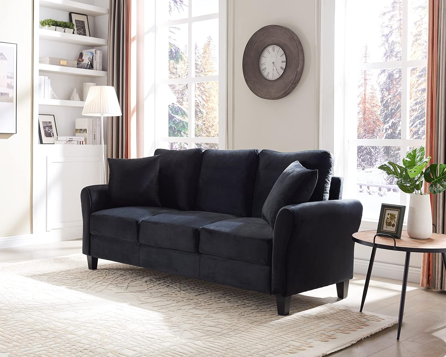 Modern Velvet Couch with 2 Pillow, 78 Inch Width Living Room Furniture, 3 Seater Sofa with Plastic Legs (Black)