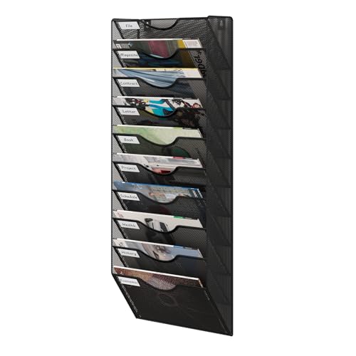 10 Tier Mesh Hanging Wall File Holder, Metal Wall File Organizer, Hanging File Organizer for Office, Mail Organizer Wall Mounted, Convenient Office Organization, Black