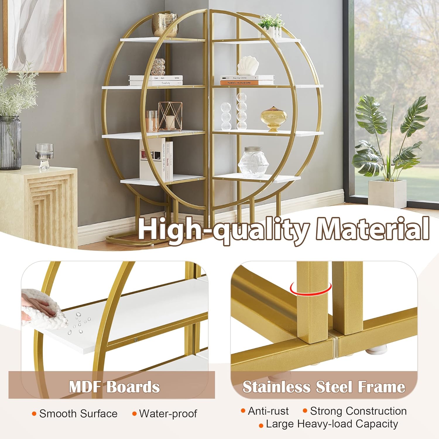 4-Tier Bookcase Home Office Open Bookshelf with Different Placement Ways,Round-Shaped Bookcases w/Anti-Falling Device,Steel Frame,Easy to Assemble,Golden+White