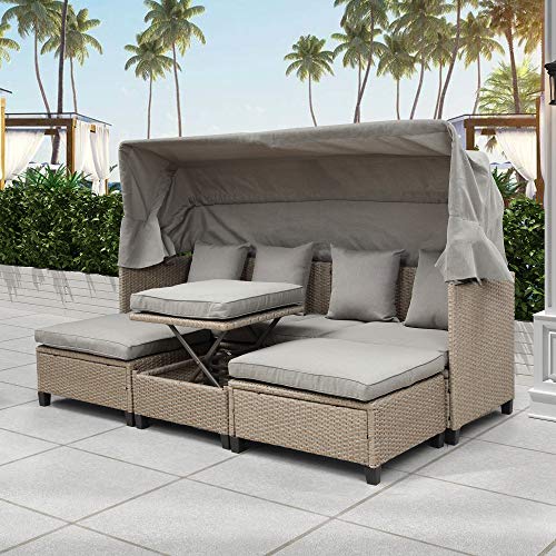 Rope Outdoor Sunbed and Coffee Table Set Double Chaise Lounger Loveseat Daybed for Poolside and Patio Relaxation, Grey Cushion and Dark