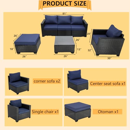 Patio Furniture Sets 6 pieces, Outdoor Sectional Sets All Weather Conversation Patio Sofa w Cushions and Glass Coffee Table for Porch Poolside Backyard Deck Lawn (brown-peafow blue)