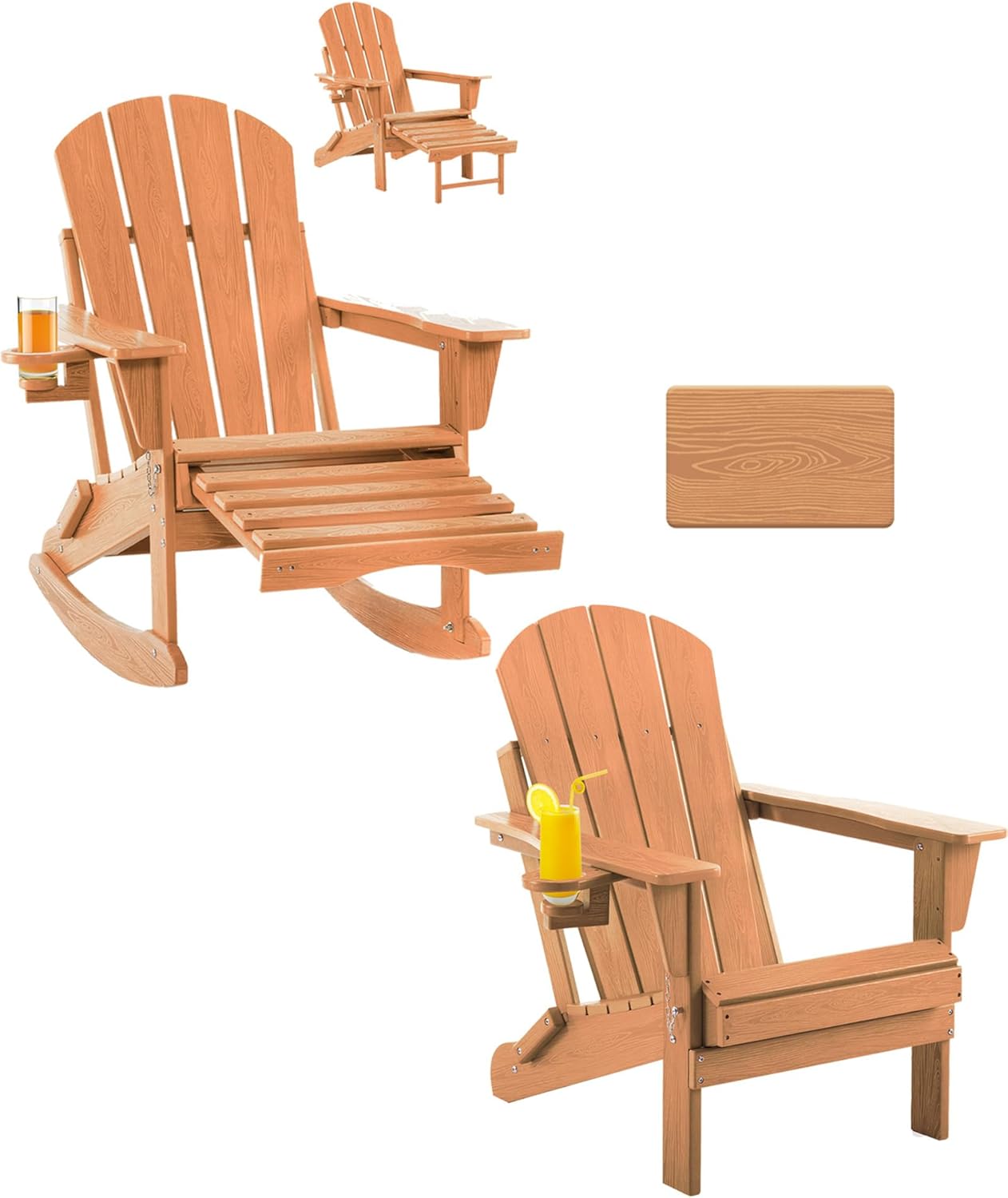 Folding Adirondack Rocking Chair, Patio Chair with Retractable Ottoman and Adirondack Chair Set Teak