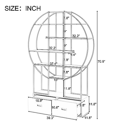 70.8 Inch Round Office Bookcase Bookshelf, Modern Display Shelf with 4 Tiers Open Shelves and 2 Drawers, Gold Freestanding Staggered Storage Shelf Frame for Livingroom Bedroom Home Office