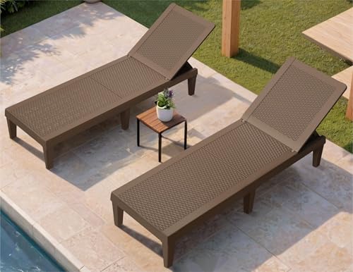 Greesum Outdoor Chaise Lounge Chairs Set of 2 with 5-Position Adjustable Backrest, Waterproof PE Sun Loungers for Garden Pool Beach Patio Deck Sunbathing, Light Coffee