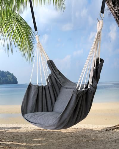Hammock Chair Hanging Hammock Chair Rope Swing 2 Cushions Included-Sturdy & Durable Soft Cotton Hand Woven Hammock Swing for Bedroom, Porch, Patio-Indoor/Outdoor