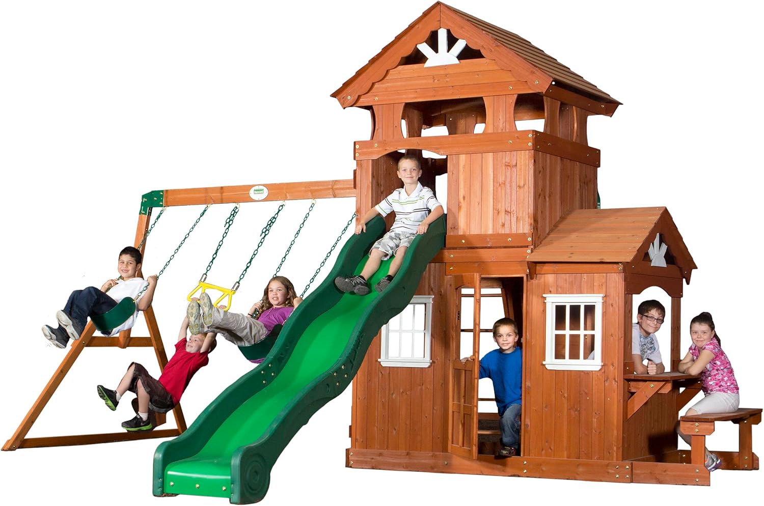 Backyard Discovery Shenandoah All Cedar Wooden Playset Swing Set with 2 Belt Swings, Trapeze Bar, 10 ft Wave Slide, Covered Upper and Lower Playhouse, Play Kitchen, Rock Wall, Outdoor Bench