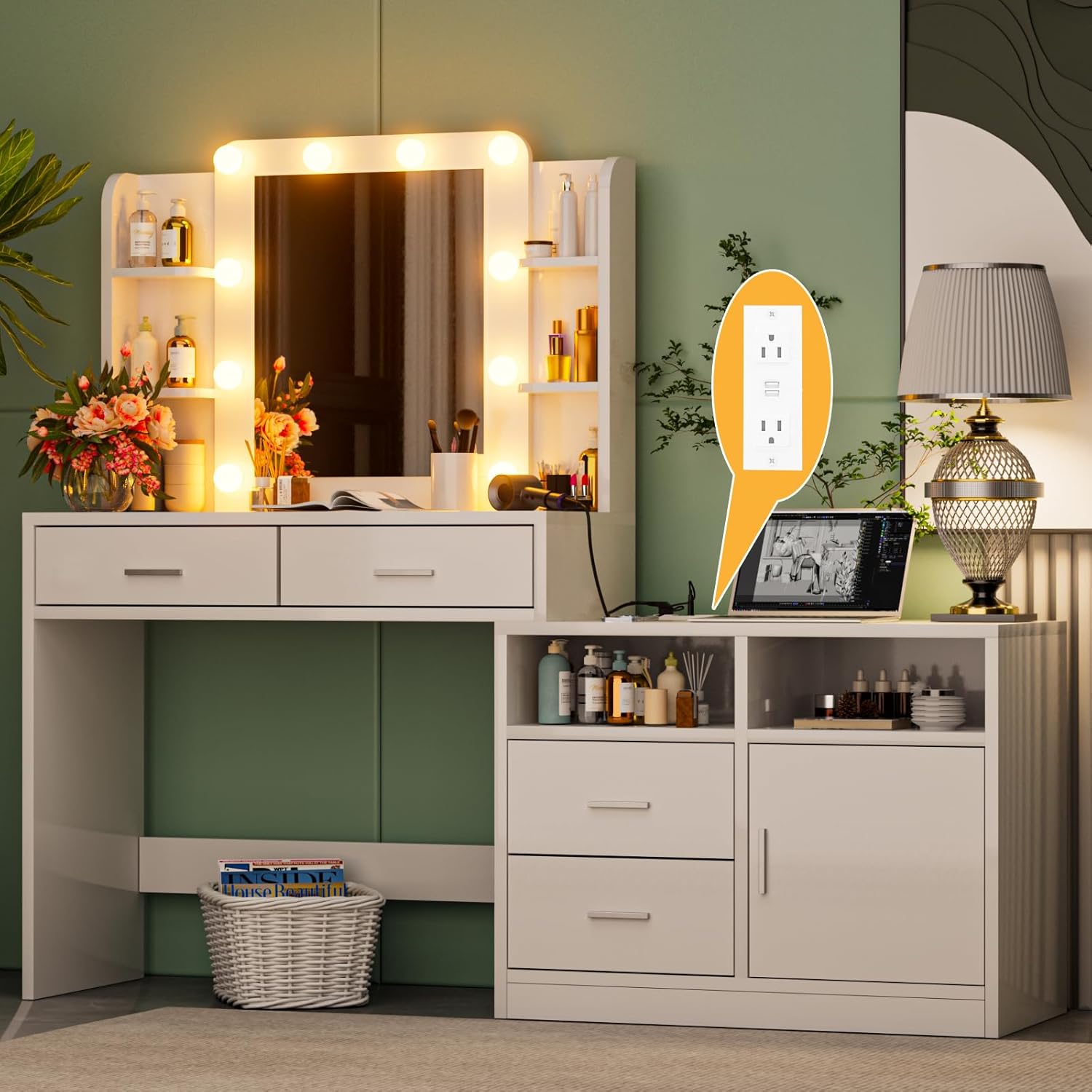 Likein White Makeup Vanity Desk with Lighted Mirror for Girls & Women, 3-Color Led Mirror Dressing Table with Charging Station, Large Storage Drawers & Cabinets, Modern Vanity Table for Bedroom