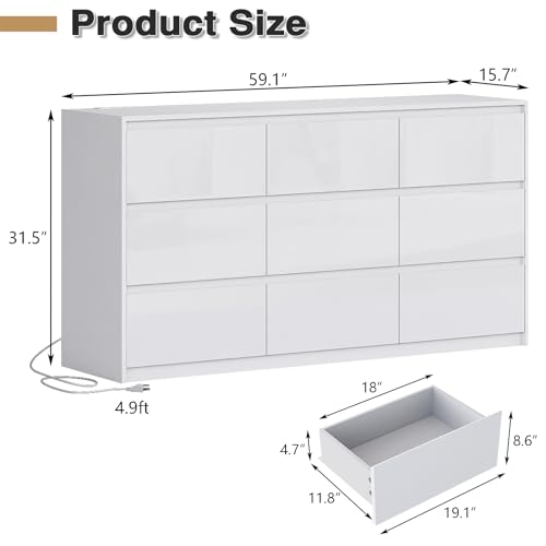 10 Drawer Dresser, White Dresser for Bedroom, High Gloss Modern Dresser & Chest of Drawers, 55