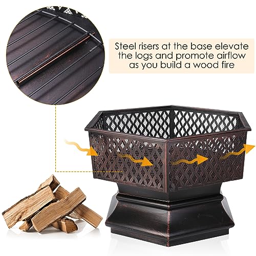 Outdoor Steel Fire Pit, Hex-Shaped Firebowl with Grill Mesh, Wood Coal Burning Fireplace, Fire bowl w/Flame-Retardant Mesh Lid & Poker, Portable Patio Picnic Bonfire BBQ (28“)