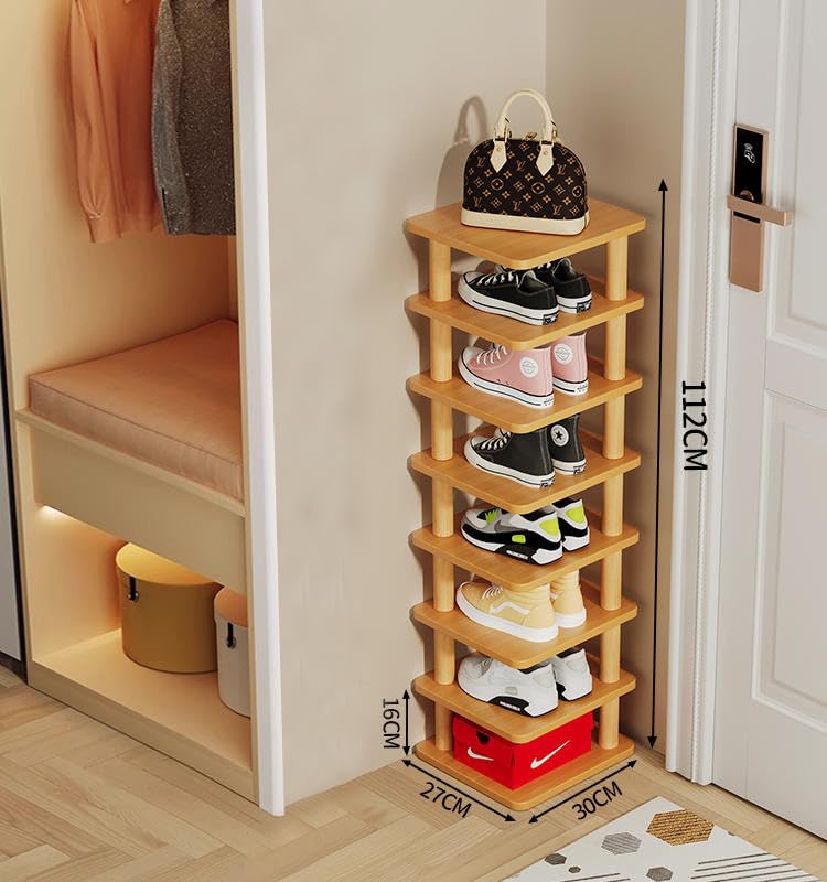 Shoe Rack-8 Tiers Vertical Shoe Rack, Space Saving Narrow Shoe Organizer, Free Standing Shoe Storage Stand With Sturdy Frame Shoe Rack for Entryway, Doorway, Corners, Small Spaces (Nature)