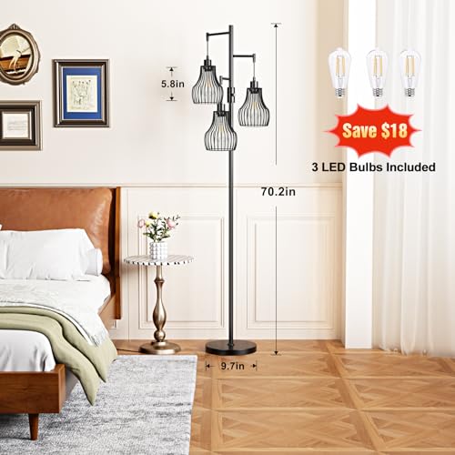 Dimmable Floor Lamps for Living Room, Industrial Tree Standing Tall Lamps with 3 Elegant Cage Shade & 800 Lumens LED Bulbs for Bedroom Office - Brown