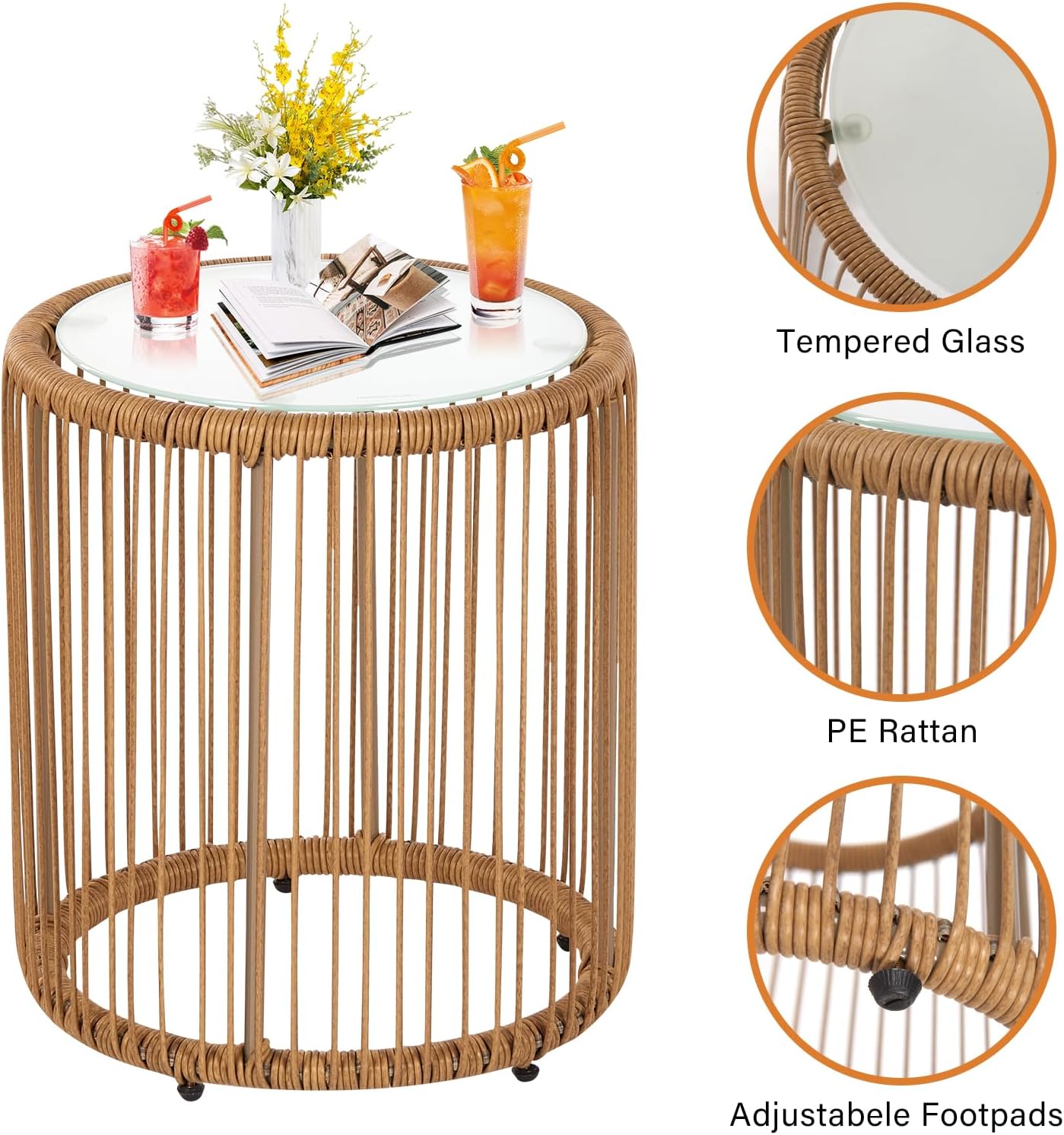 BLKMTY 3-Piece Patio Set Wicker Patio Bistro Furniture Set Outdoor All-Weather Wicker Furniture for Porch Backyard Rattan Conversation Set W/Glass Coffee Table Top and 2 Chairs/Cushions, White