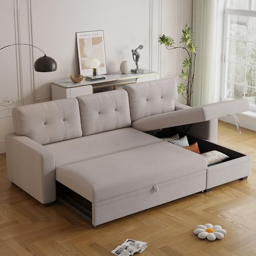 Upholstered Pull Out Sectional Sofa with Storage Chaise,Linen Loveseat w/Removable Back Cushions,Can Be Converted into a Twin Size Sleeper,for Guest Room,Living Room,82