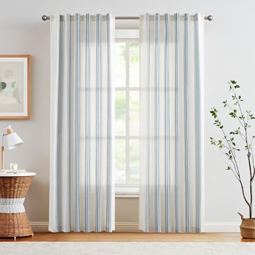 jinchan Striped Linen Curtains 96 Inches Long for Living Room Blue Stripe Curtains Semi Sheer Curtains Back Tab Light Filtering Modern Farmhouse Coastal Drapes for Bedroom Window Curtain Set 2 Panels