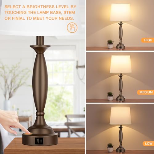White Brown Lamps for Bedrooms Set of 2 - Touch Control Bedside Lamp with USB C+A, 3 Way Dimmable Nightstand Lamps with USB Port, Table Lamp for Living Room(White Shade and Brown Base)