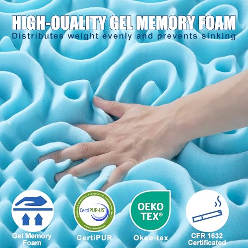 Mattress Topper King 2 Inch Egg Crate Convoluted Cooling Gel Memory Foam with Bonus Machine Washable Cover,Air Flow Design,US and Euro Certified