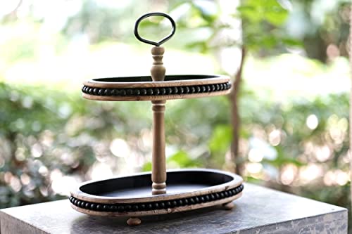 Lavender Inspired Farmhouse 2 Tiered Tray, Distressed Wood Beaded 2 Tiered Tray Stand with Metal Handle, Kitchen Island Decor, Coffee Table Decor, Oval Tiered Tray, Wooden Serving Trays.(Black)