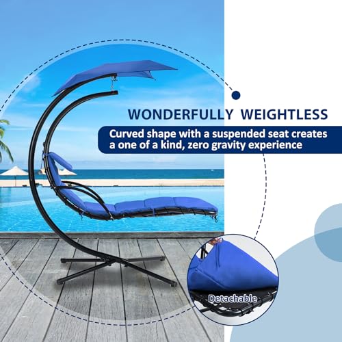 Hanging Curved Chaise Lounge Chair for Patio, Outdoor Hammock Swing Chair w/Removable Waterproof Canopy and Built-in Pillow Freestanding Steel Recliner Chair for Porch Poolside (Blue)