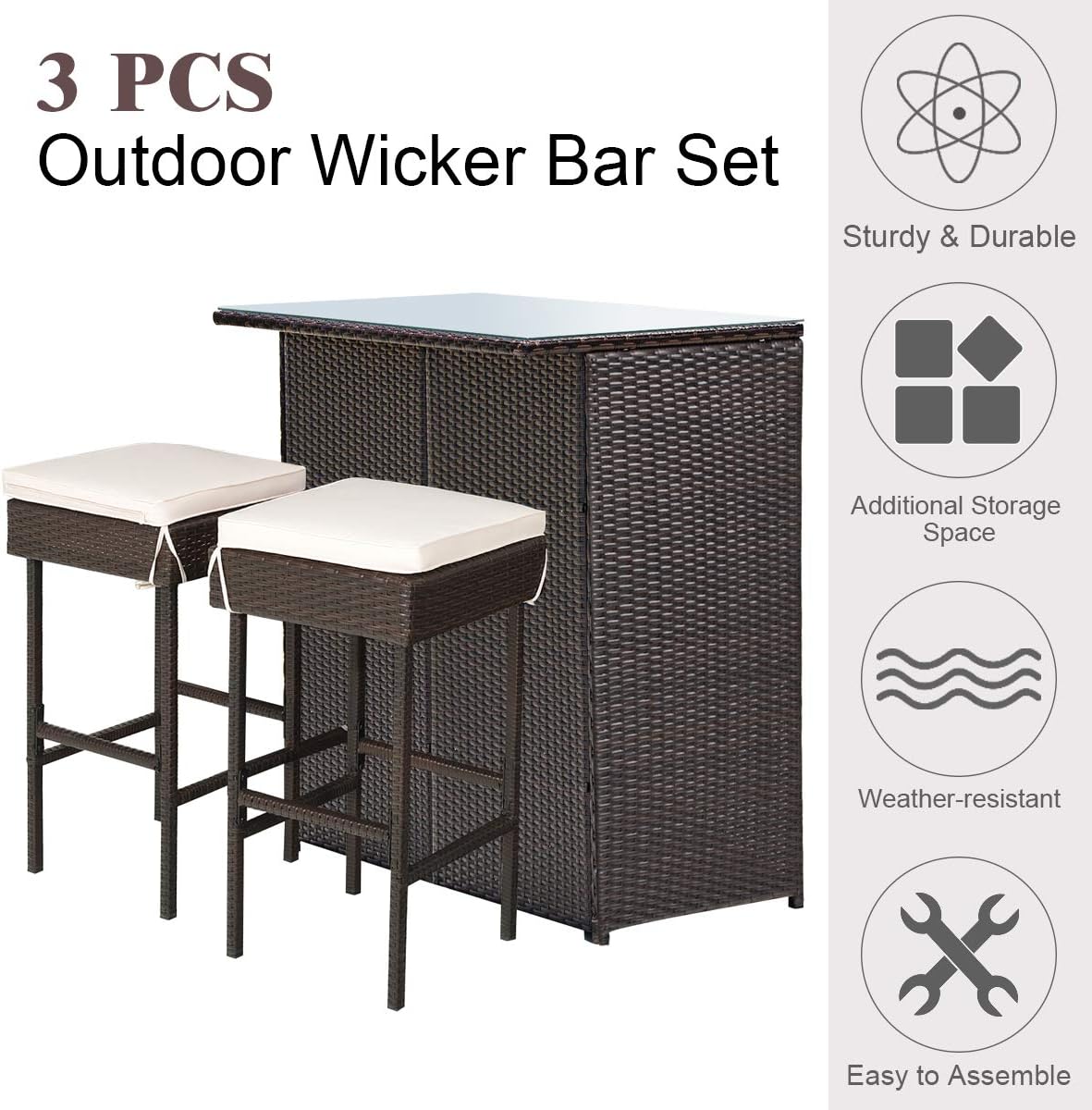 COSTWAY 3PCS Patio Rattan Wicker Bar Table Stools Dining Set Cushioned Chairs Garden