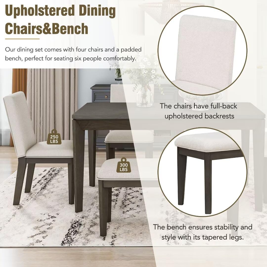 6-Piece Dining Table Set with Upholstered Dining Chairs and Bench,Farmhouse Style, Tapered Legs