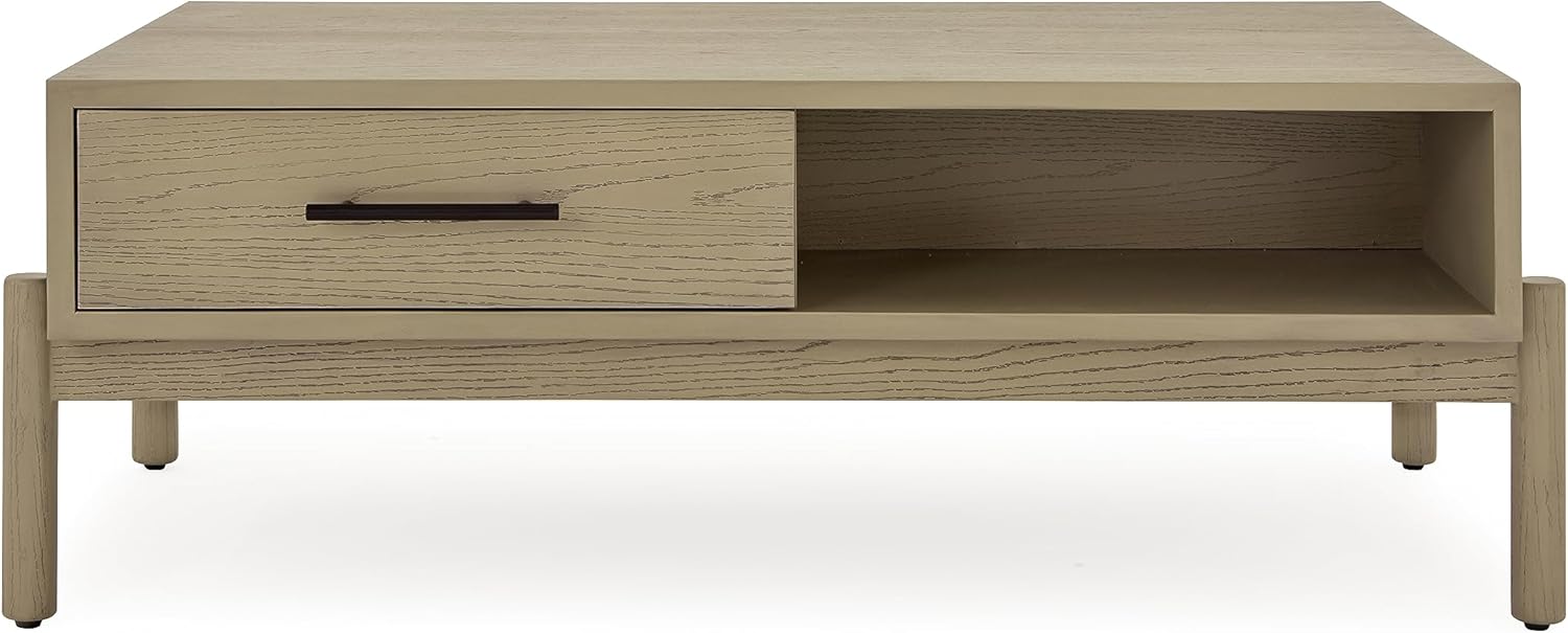 Bme Lyra Solid Wood Rectangle Coffee Living Room-Mid Century Modern Center Table with Storage-Easy Assembly, 42'' x 25.6'' x 15.8'', Oak Light Grey