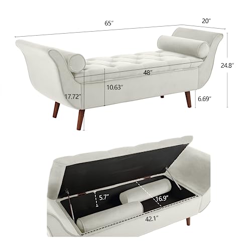 Velvet Storage Bench for Bedroom, Red, Upholstered Button Tufted Storage Ottoman Bench Footstool Rolled Arm Solid Wood Legs