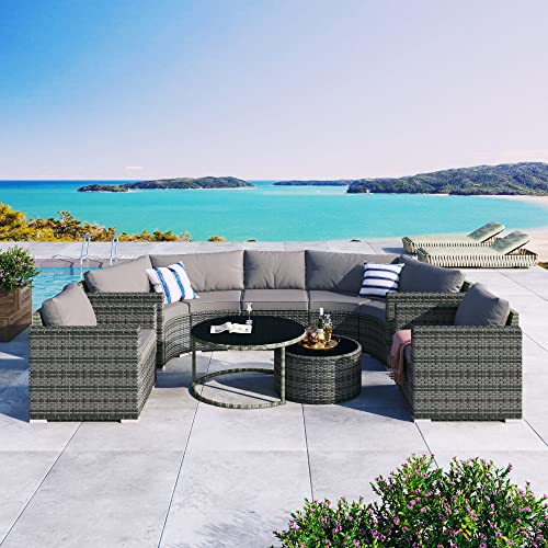 9-Piece Outdoor Patio Half Moon Furniture Set, Free Combination Sofa Set Sectional Conversation Set, Rattan Wicker Half Moon Sofa Set with Free Overlapping Round Table (Gray Wicker + Gray Cushion)
