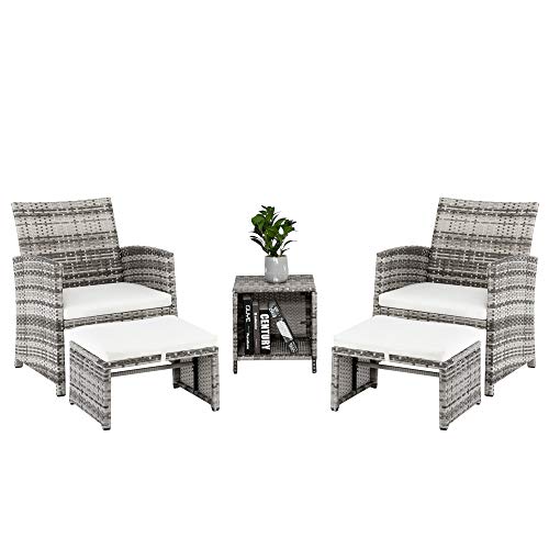 5 Pieces Wicker Patio Furniture Set, Patio Chairs with Ottomans & Table, Rattan Outdoor Patio Furniture Conversation Sets for Balcony, Porch, Deck (Gray Gradient & White)