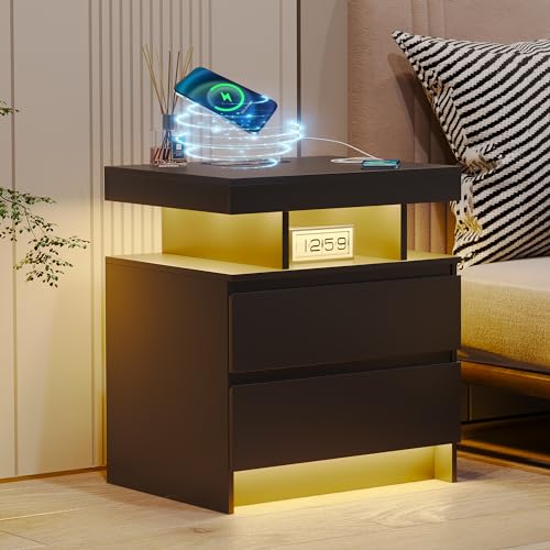 dnbss Nightstand with Wired/Wireless Charging Station, Auto LED Lighting Bedside Tables with Drawers, Night Stand with 3-Color Lights & Adjustable Brightness for Bedroom (Black)