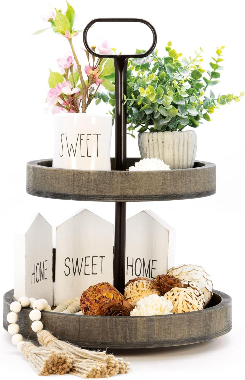 Tiered Tray Stand - 2 Tier Tray for Fruit & Cupcake Stand - Farmhouse Tiered Tray Decor Holder - 2 Tiered Tray Stand Desert Tray - Wooden Trays for Decor - Two Tiered Serving Tray - Desert Stands