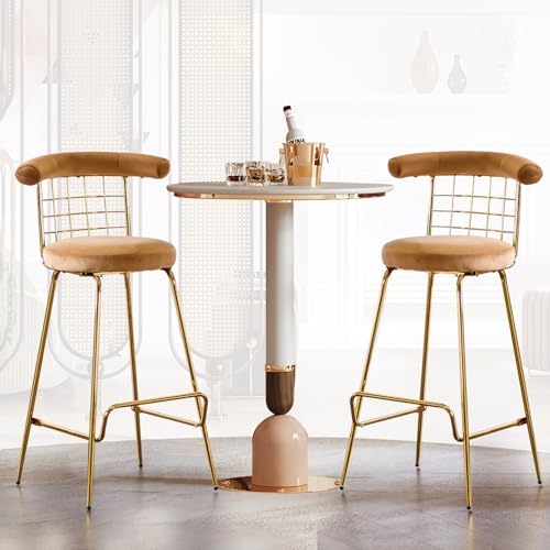 Bar Stools Set of 2, Upholstered Tufted Bar Chairs with Back, 27 Inches Kitchen Bar Stools with Footrest Teddy Fabric, Counter Height Bar Stools for Island, Counter Bar (Beige)