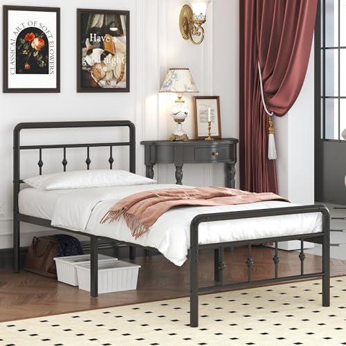 18 Inch Tall Twin Bed Frames with Headboard and Footboard, Heavy Duty Metal Platform Bed Frame Twin No Box Spring Needed, Easy Assembly, Under Bed Storage, Noise Free, Black