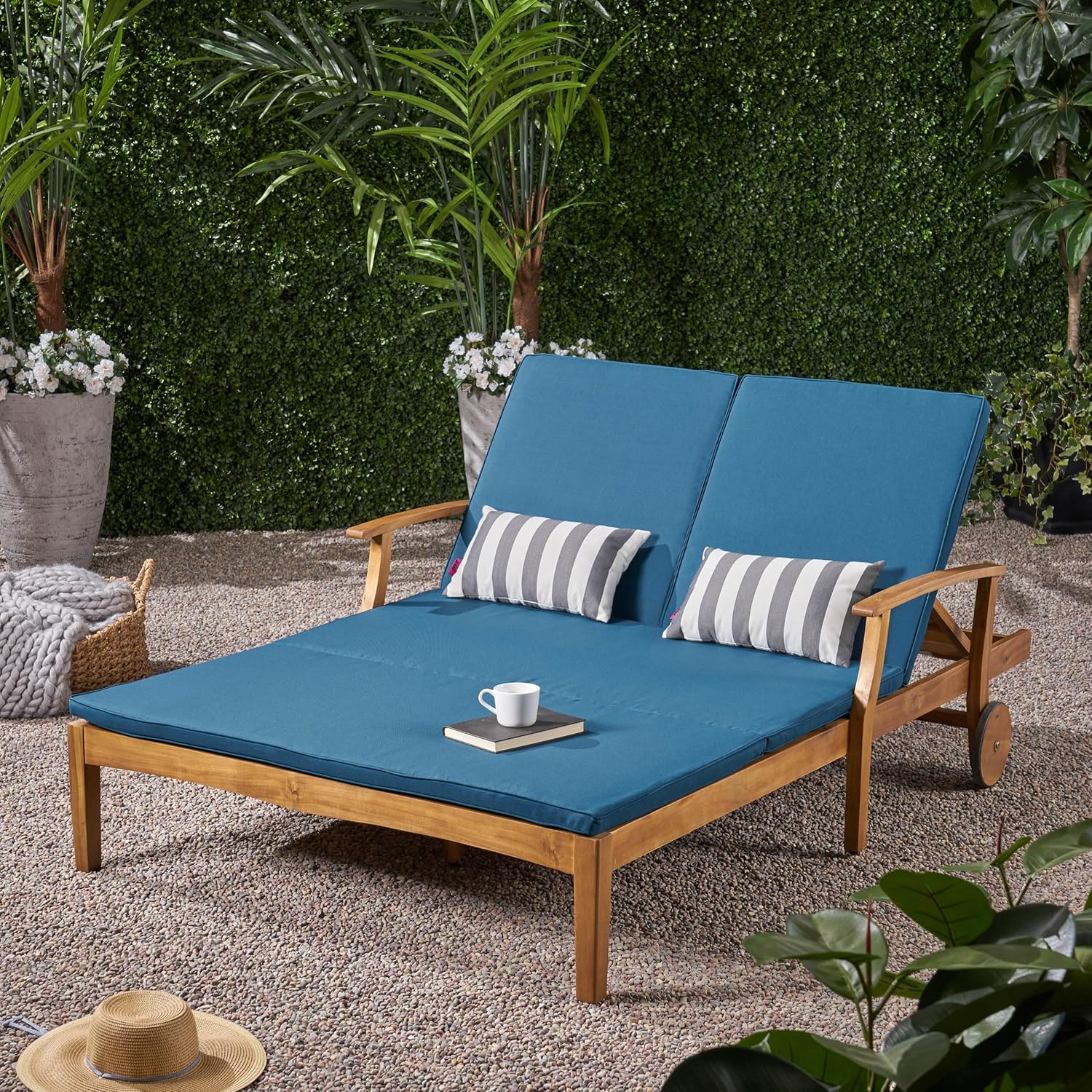 Outdoor Patio Daybed Sunbed with Adjustable Backrest, All Weather Acacia Wood Frame Double Chaise Lounge Reclining with Cushions for Garden Balcony Poolside Deck