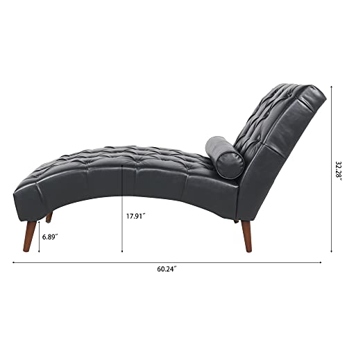 Chaise Lounge Chair Indoor with Lumbar Pillow, Modern PU Leather Leisure Accent Soft Chair with Tufted Back, Ergonomic Armless Upholstered Chaise Couch Chair for Home Living Room Bedroom Office, Black