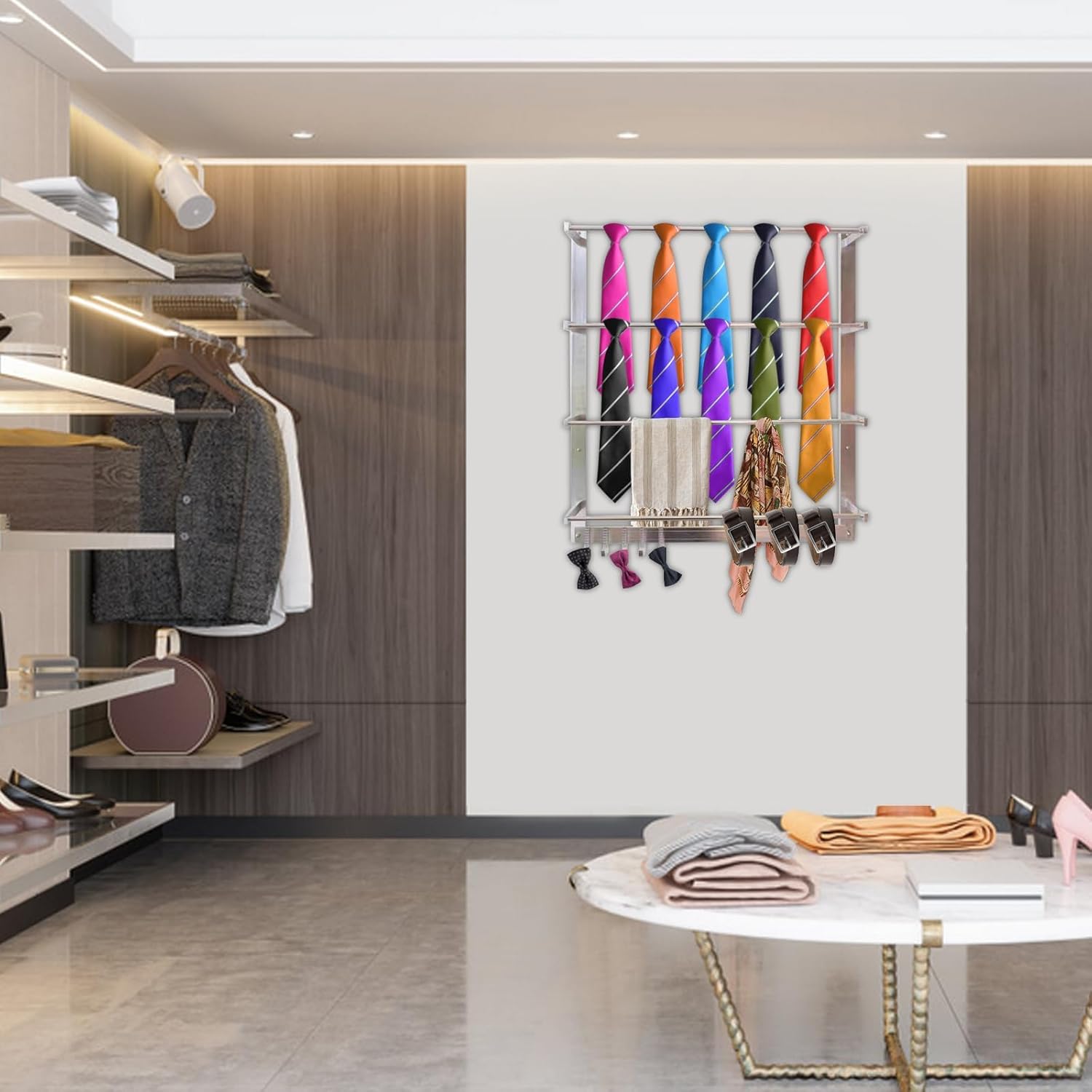 Retail Display Scarf &Tie Rack, Belt Towel Ribbon Organizer Rack with 5 Hooks, Wall Mount Ribbon Rack Tie Scarves Towel Rack,Pants Belt Rack, Necktie Holder for Home Clothing Retail Store Flower Shop