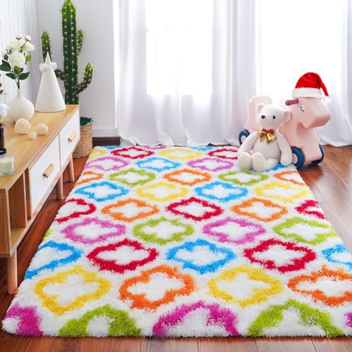 Tepook Fluffy Colorful Rug for Kids, Shaggy Soft Rainbow Area Rugs for Girls Bedroom, Indoor Modern Geometric Moroccan Rugs Plush Girls Kids Rug for Playroom Teens Room Nursery Home Decor, 4 X 6 ft