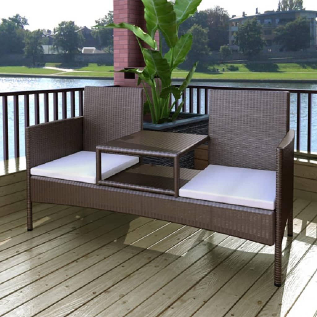 2-Seater Patio Sofa, Outdoor Bench Porch Bench Wood Bench Outdoor Chairs Suitable for Living Room Outdoors Garden Entryway, with Tea Table Poly Rattan Brown