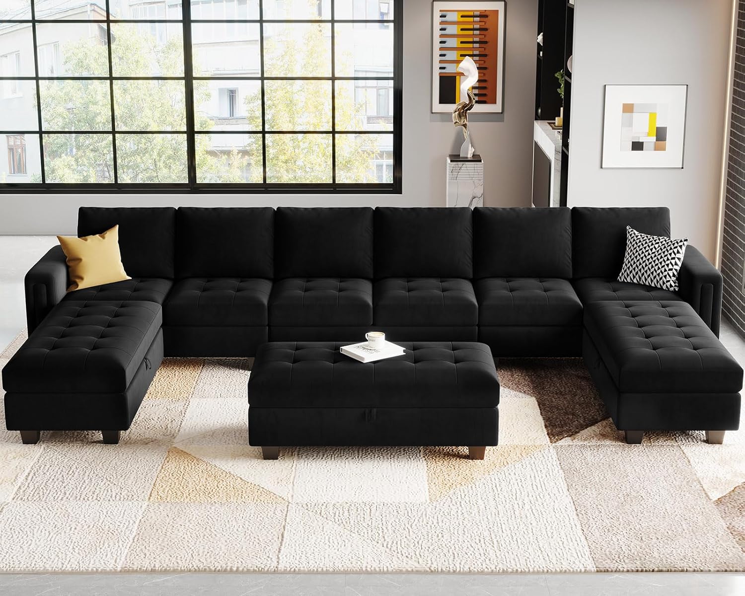 Belffin Velvet Storage Oversized Ottoman Module Bench Oversized Rectangular Ottoman for Modular Sectional Sofa Black