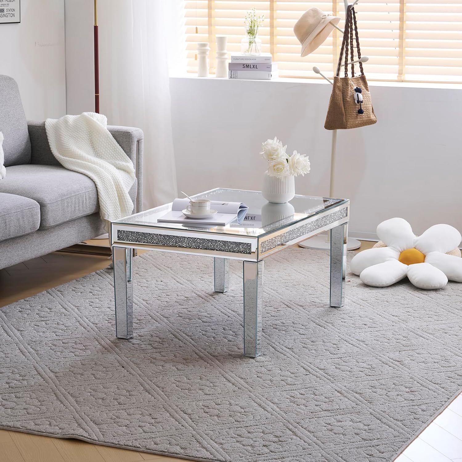 SSLine Modern Mirrored Coffee Table Luxury Living Room Cocktail Center Table with Silver Mirror Finish Rectangular Small Coffee Table with Crystal Inlay and Edge - Partially Assembled