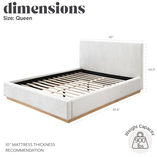 DG Casa Porter Queen Size Boucle Plinth Base Platform Bed Frame with Full Bed Slats - Box Spring Not Required – Upholstered in Soft Fabric - Pedestal Base Natural Finish