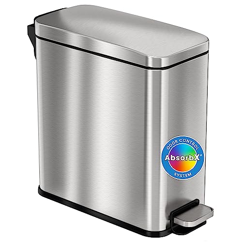 iTouchless 1.32 Gallon SoftStep Bathroom Trash Can with Lid and Odor Filter, Removable Inner Bucket, 5 Liter Stainless Steel Small Wastebasket Slim Garbage Bin for Home Office Bedroom Living Room