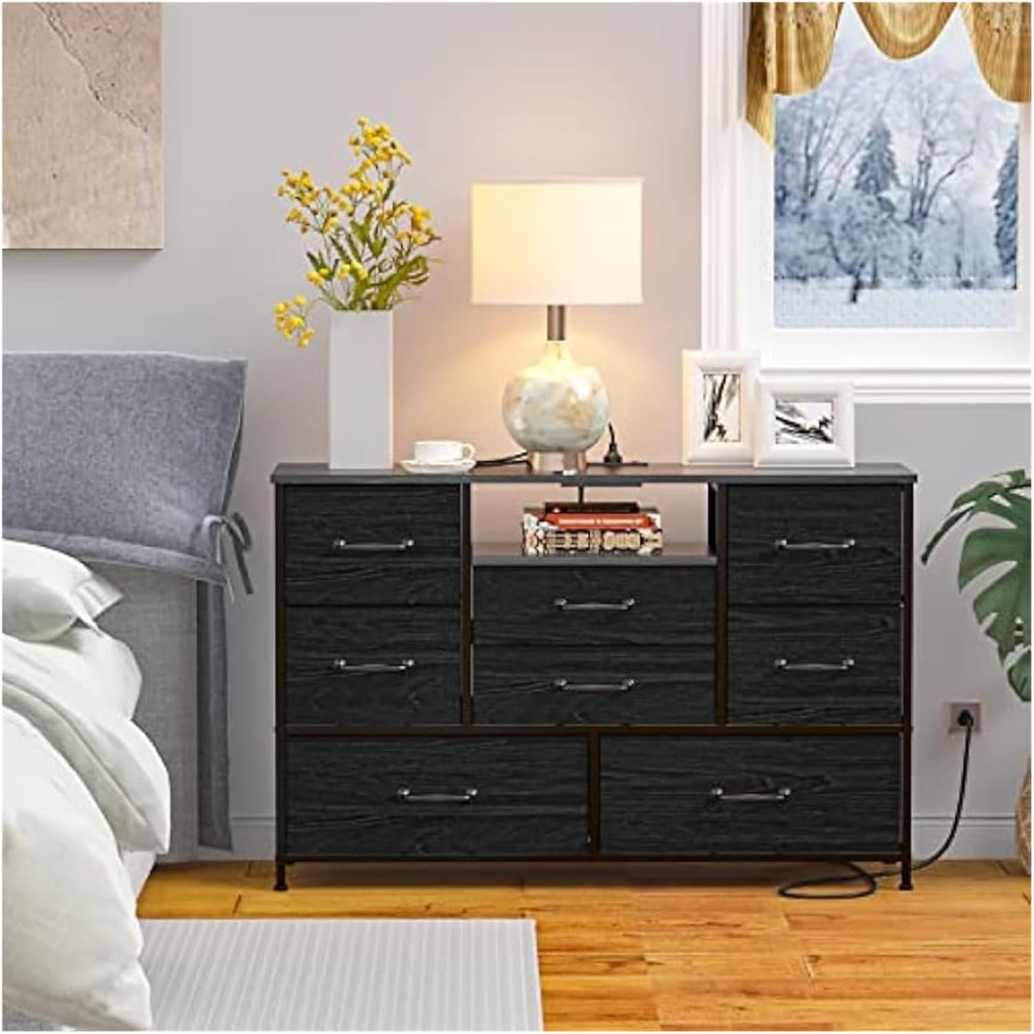 Dresser TV Stand with Power Outlet for 55'' Long TV, Entertainment Center with 8 Deep Drawers,Wide Chest of Drawer,Entertainment Center, Black, aa-00