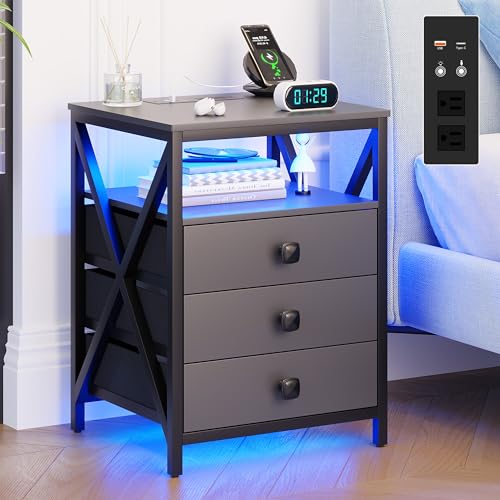 HNEBC LED End Table with Charging Station,LED Nightstand with USB Ports & Outlets, Small Night Stand with Fabric Drawers for Bedroom Living Room,Smart Bedside Table with Motion Sensor Lights(Grey)