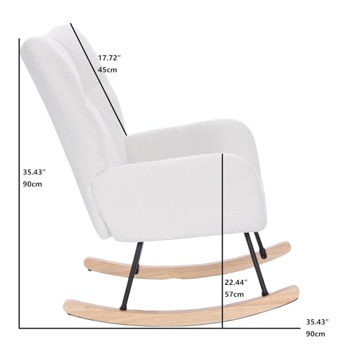Teddy Upholstered Nursery Rocking Chair, Modern Glider Rocker Padded with High Backrest Armchair, Comfortable Stylish Accent Armchair with Padded Seat for Living Rooms, Bedrooms (White)