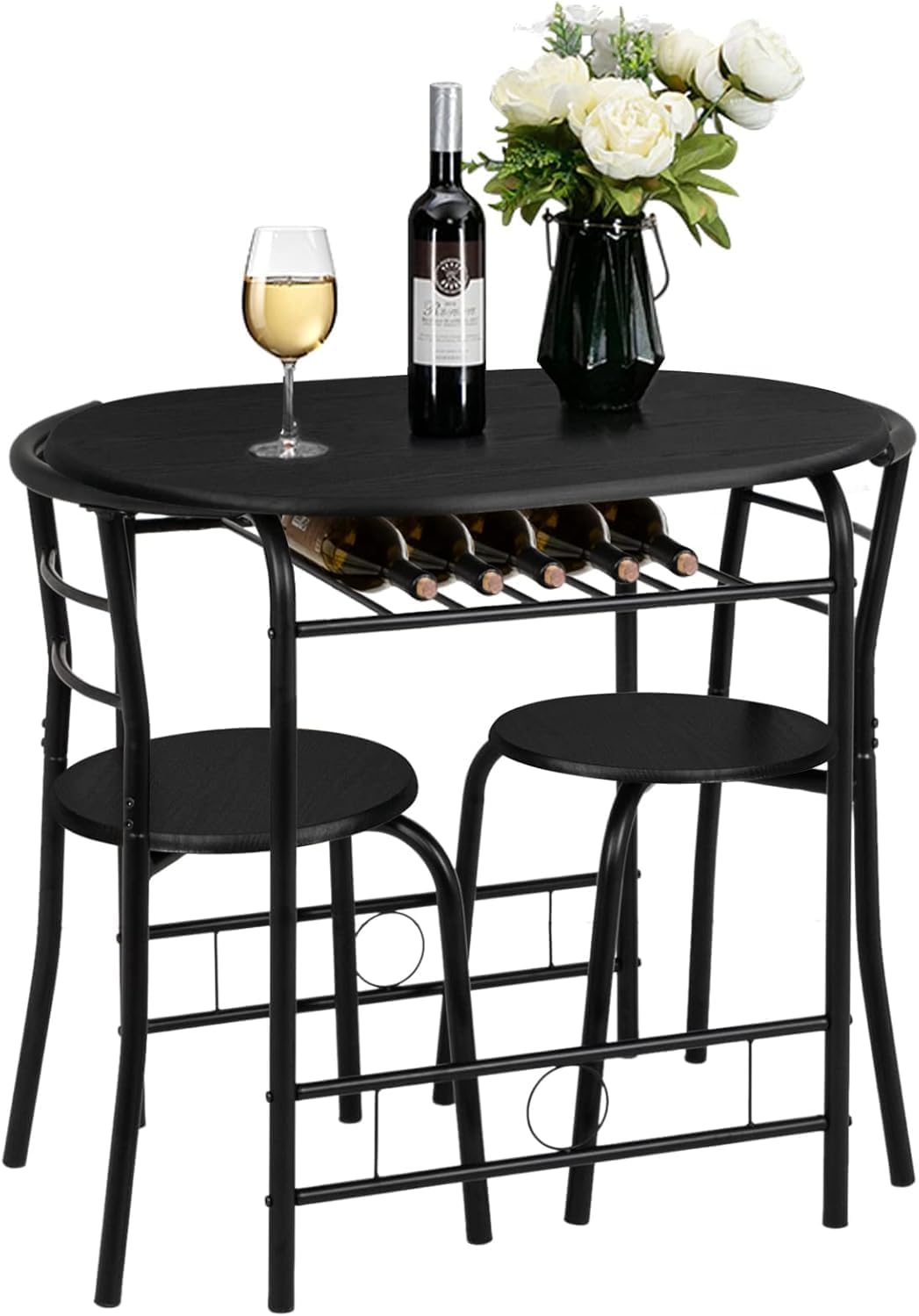 Dining Set,Small Kitchen Table Set for 2,Breakfast Table Set,Kitchen Wooden Table and 2 Chairs for Small Space/Dining Room/Apartment,Metal Frame,Wine Rack,Black,Set of 3