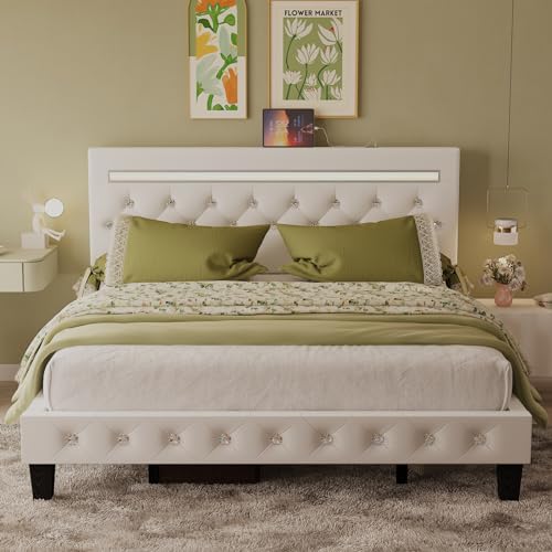 Queen Size LED Platform Bed Frame with Adjustable Headboard, Modern Platform Bed Frame with Charging Station, Wooden Slats Support, Noise Free, Easy Assembly, No Box Spring Needed, White